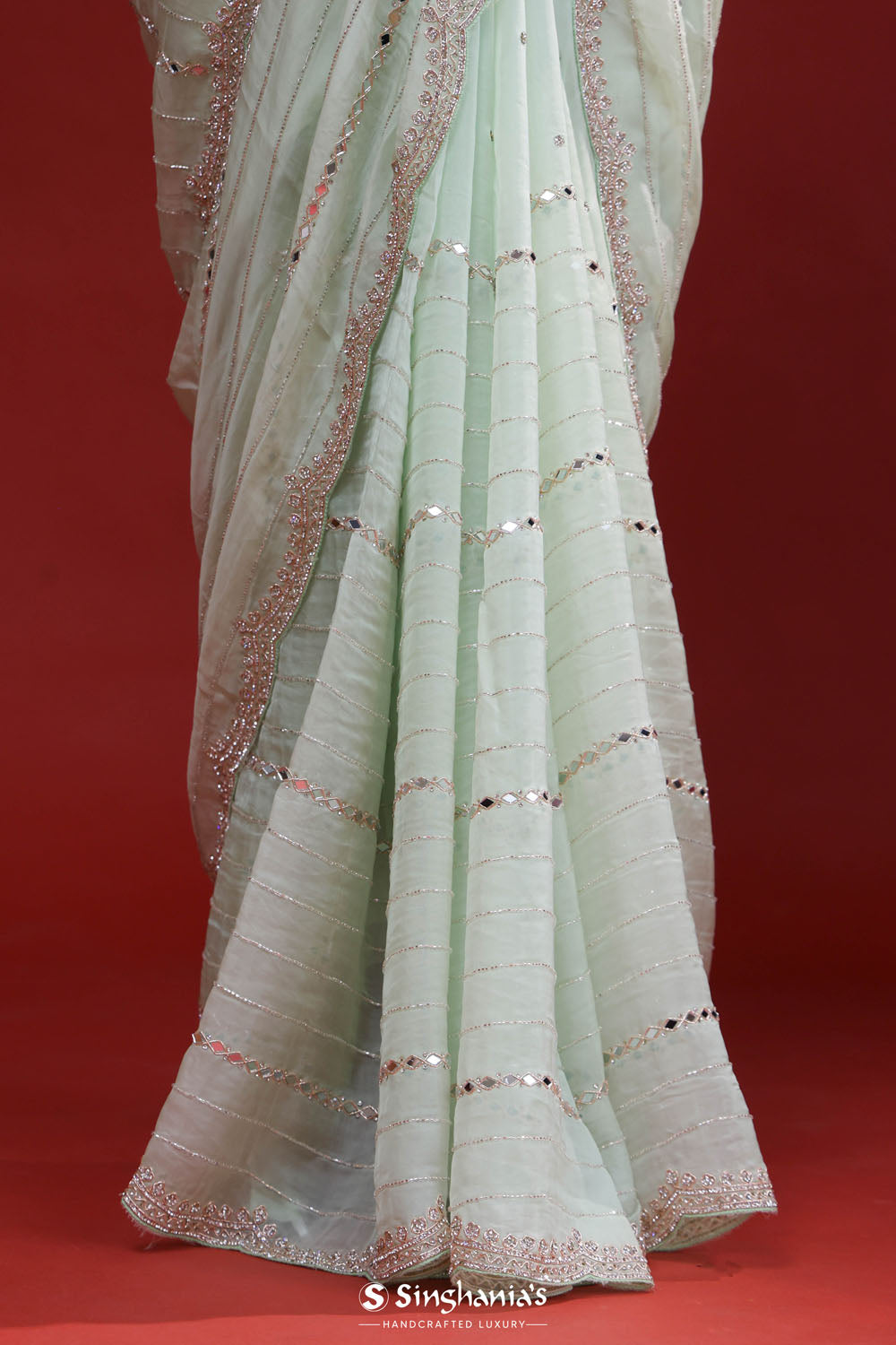 Pale Mint Crafted Organza Saree