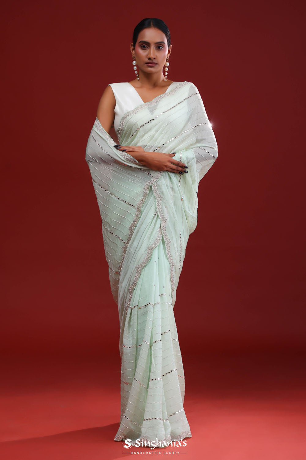 Pale Mint Crafted Organza Saree