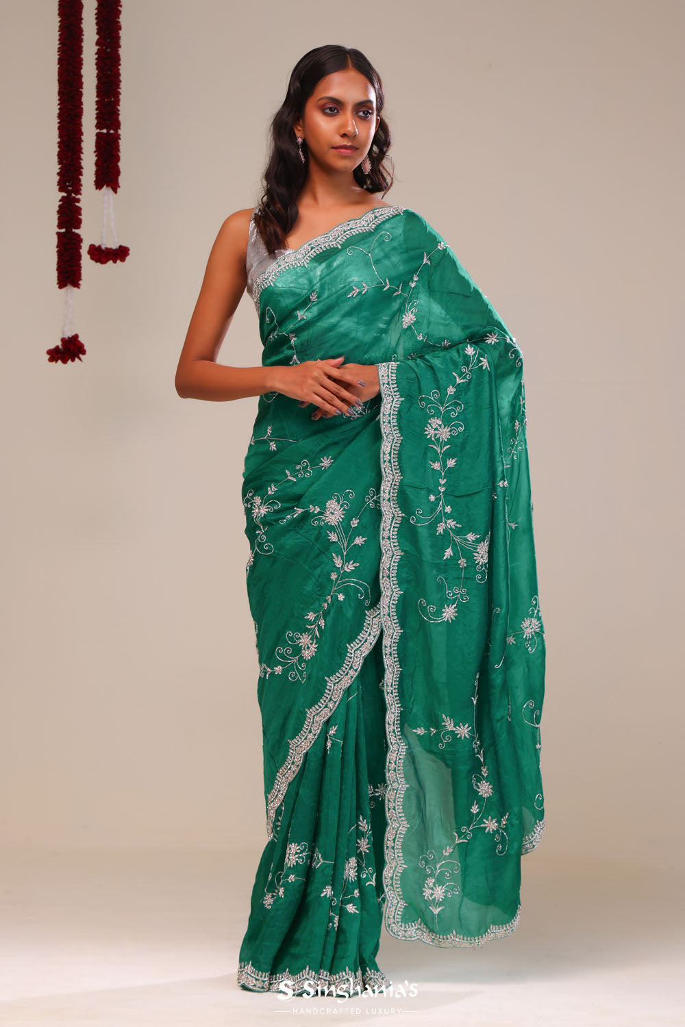 Myrtle Green Organza Handcrafted Saree