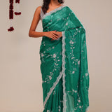 Myrtle Green Organza Handcrafted Saree