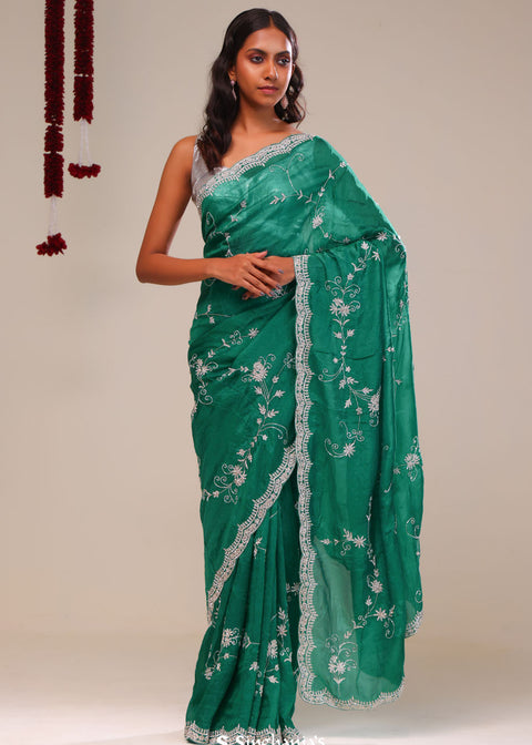 <img> Myrtle Green Organza Handcrafted Saree