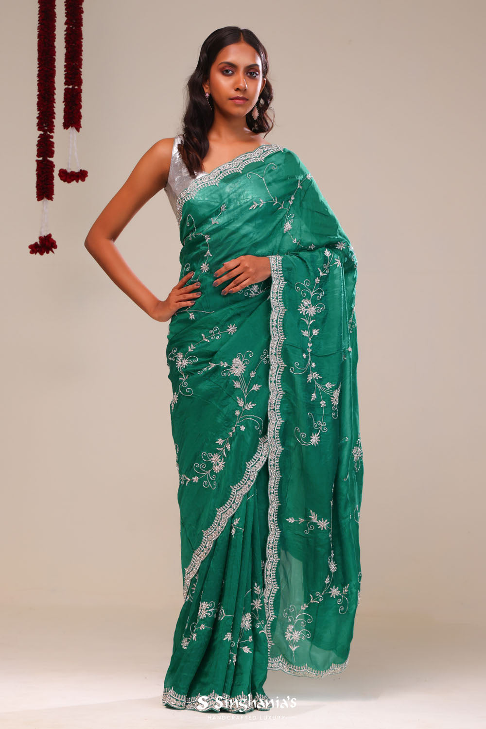 Myrtle Green Organza Handcrafted Saree