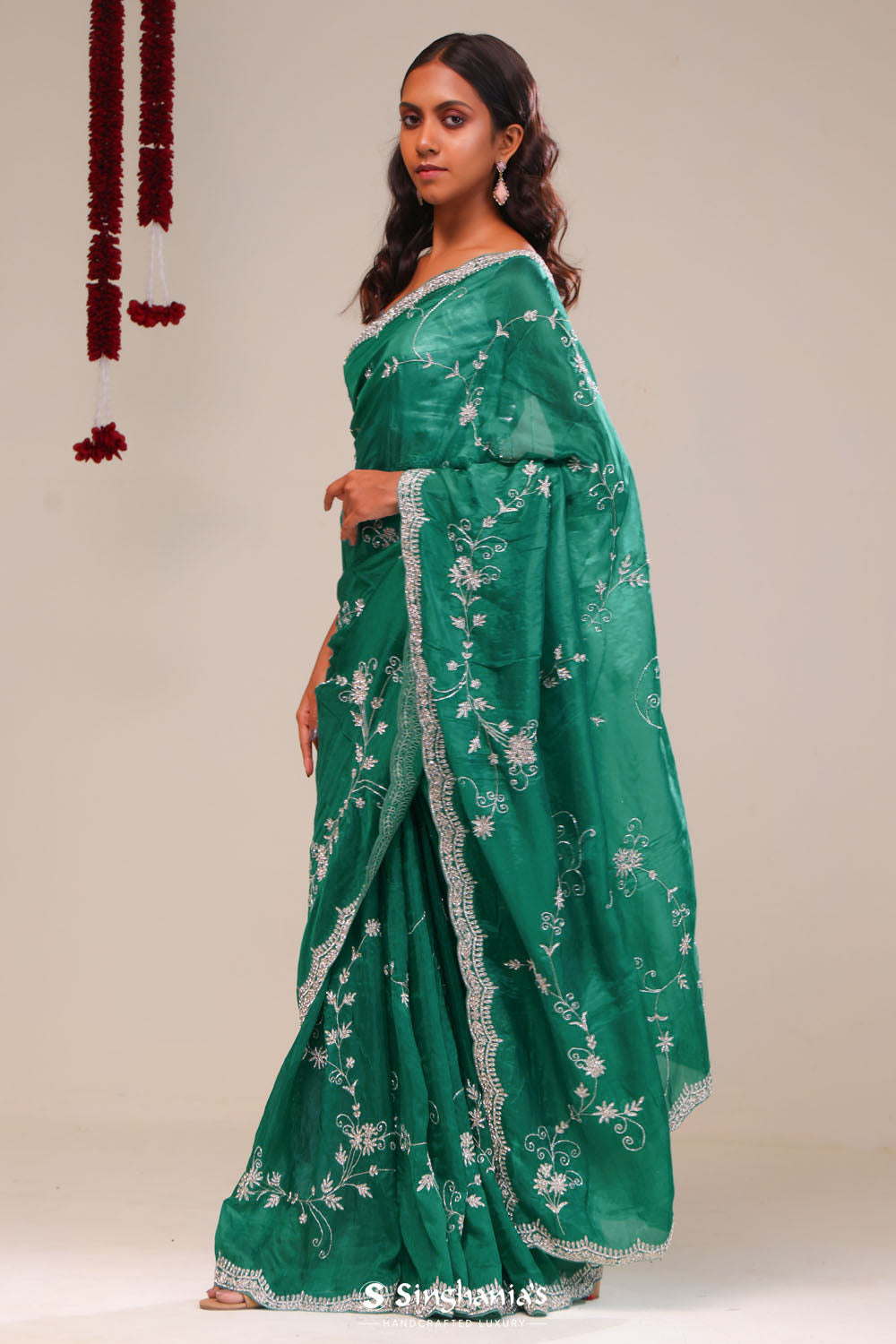 Myrtle Green Organza Handcrafted Saree