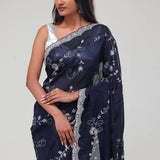 Deep Blue Floral Jaali Crafted Organza Saree