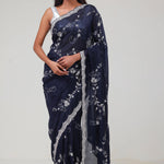 Deep Blue Floral Jaali Crafted Organza Saree