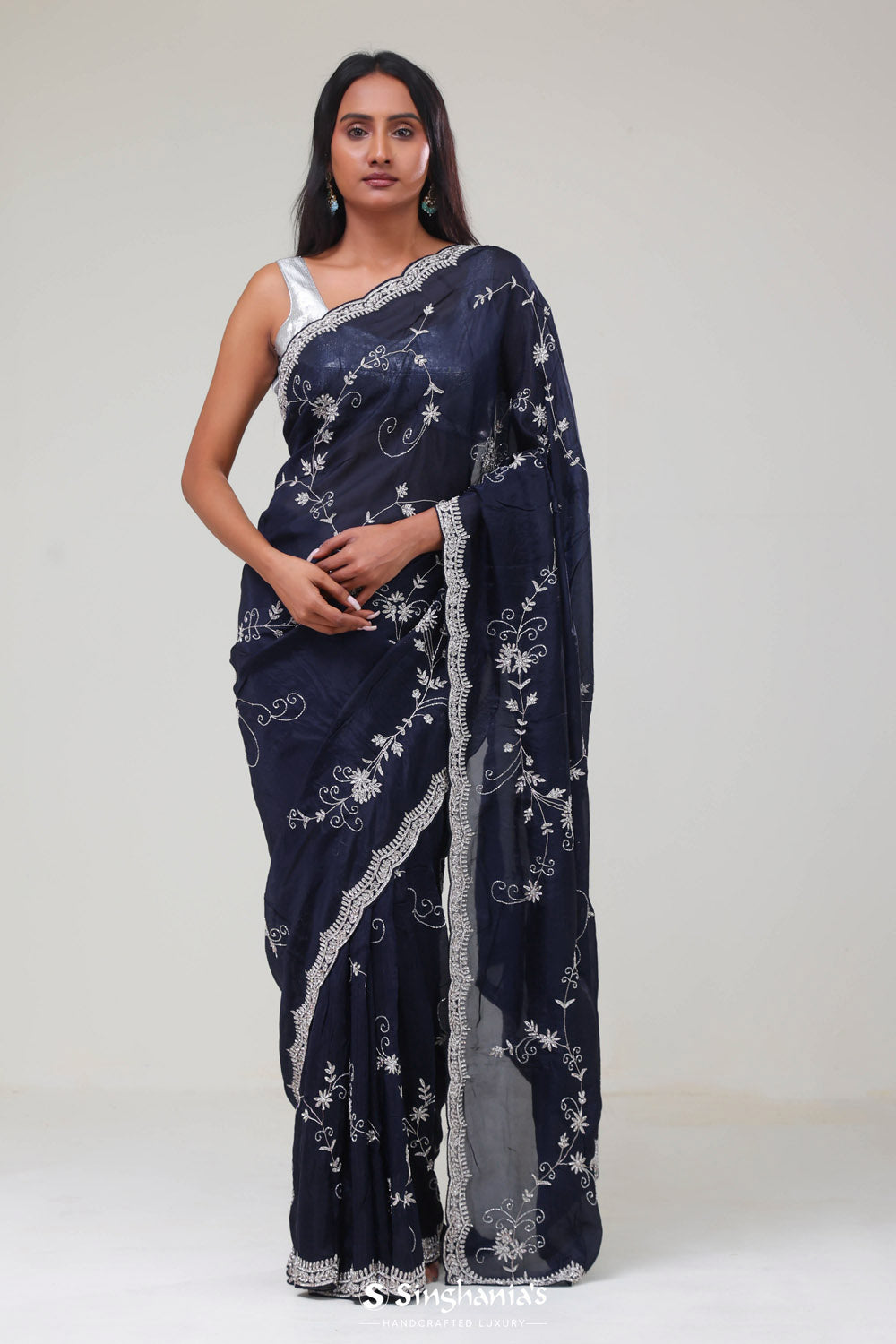 Deep Blue Floral Jaali Crafted Organza Saree
