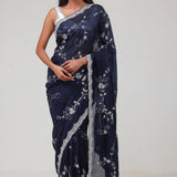 Deep Blue Floral Jaali Crafted Organza Saree