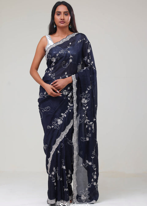 <img> Deep Blue Floral Jaali Crafted Organza Saree