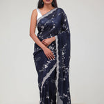 Deep Blue Floral Jaali Crafted Organza Saree