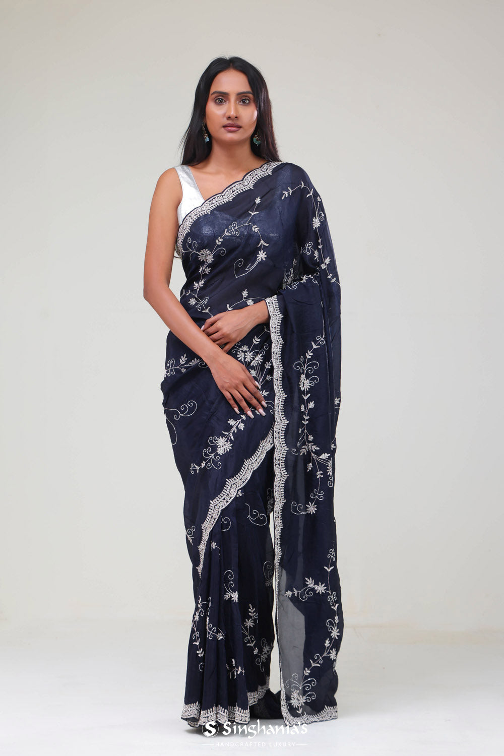 Deep Blue Floral Jaali Crafted Organza Saree