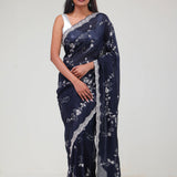 Deep Blue Floral Jaali Crafted Organza Saree