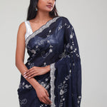 Deep Blue Floral Jaali Crafted Organza Saree