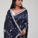 Deep Blue Floral Jaali Crafted Organza Saree