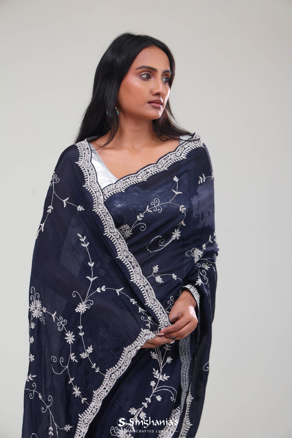 Deep Blue Floral Jaali Crafted Organza Saree