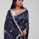 Deep Blue Floral Jaali Crafted Organza Saree