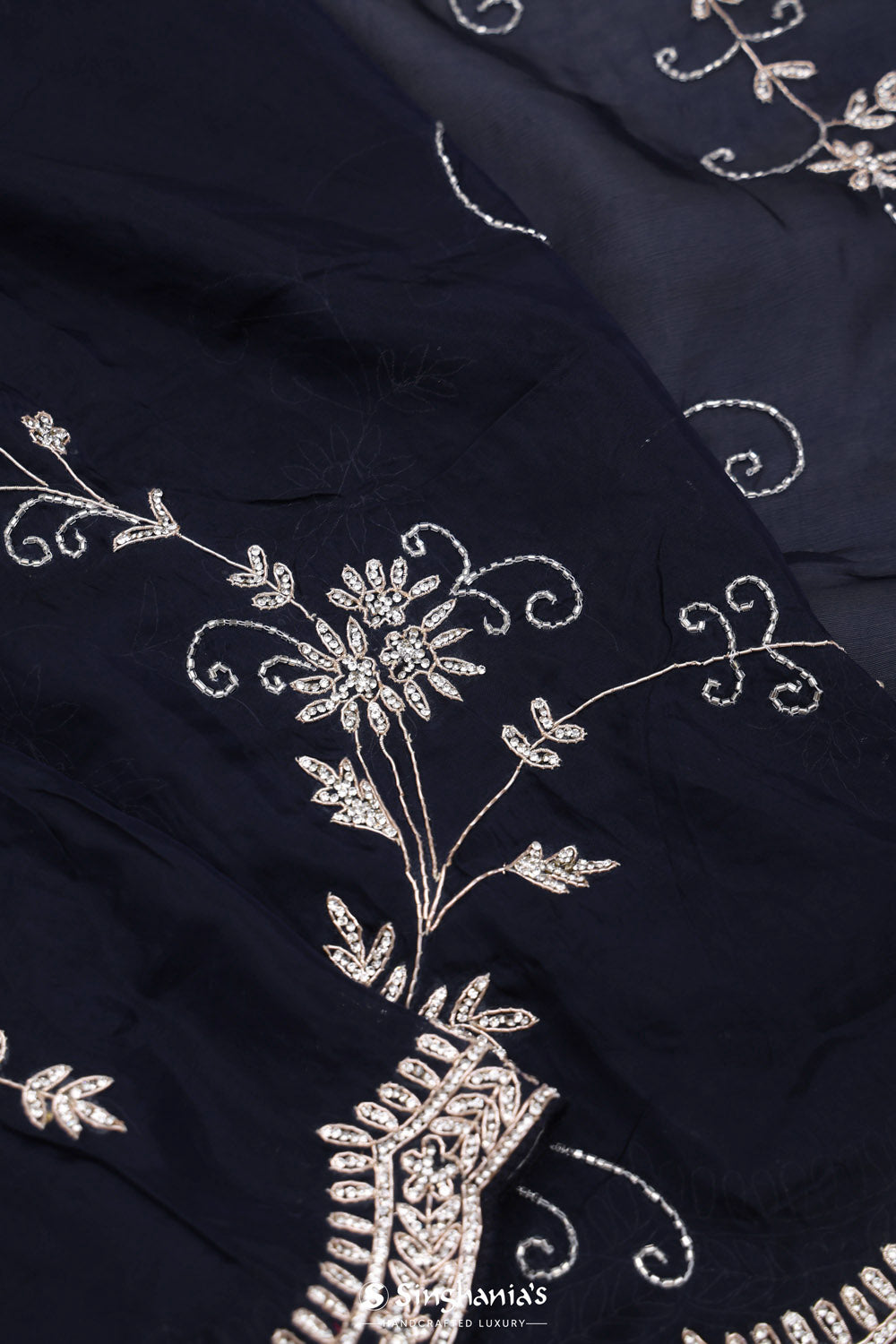 Deep Blue Floral Jaali Crafted Organza Saree