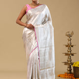 Silver Kanjivaram Tissue Saree With Pink Edge