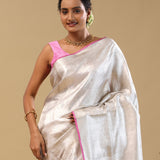 Silver Kanjivaram Tissue Saree With Pink Edge