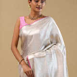 Silver Kanjivaram Tissue Saree With Pink Edge