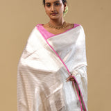 Silver Kanjivaram Tissue Saree With Pink Edge