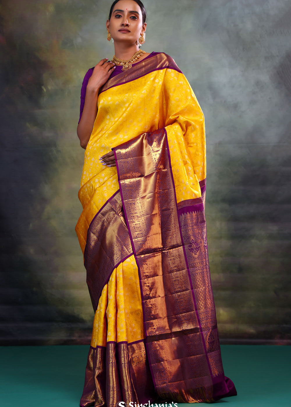 Yellow Gold Jaali Kanjivaram Silk Saree