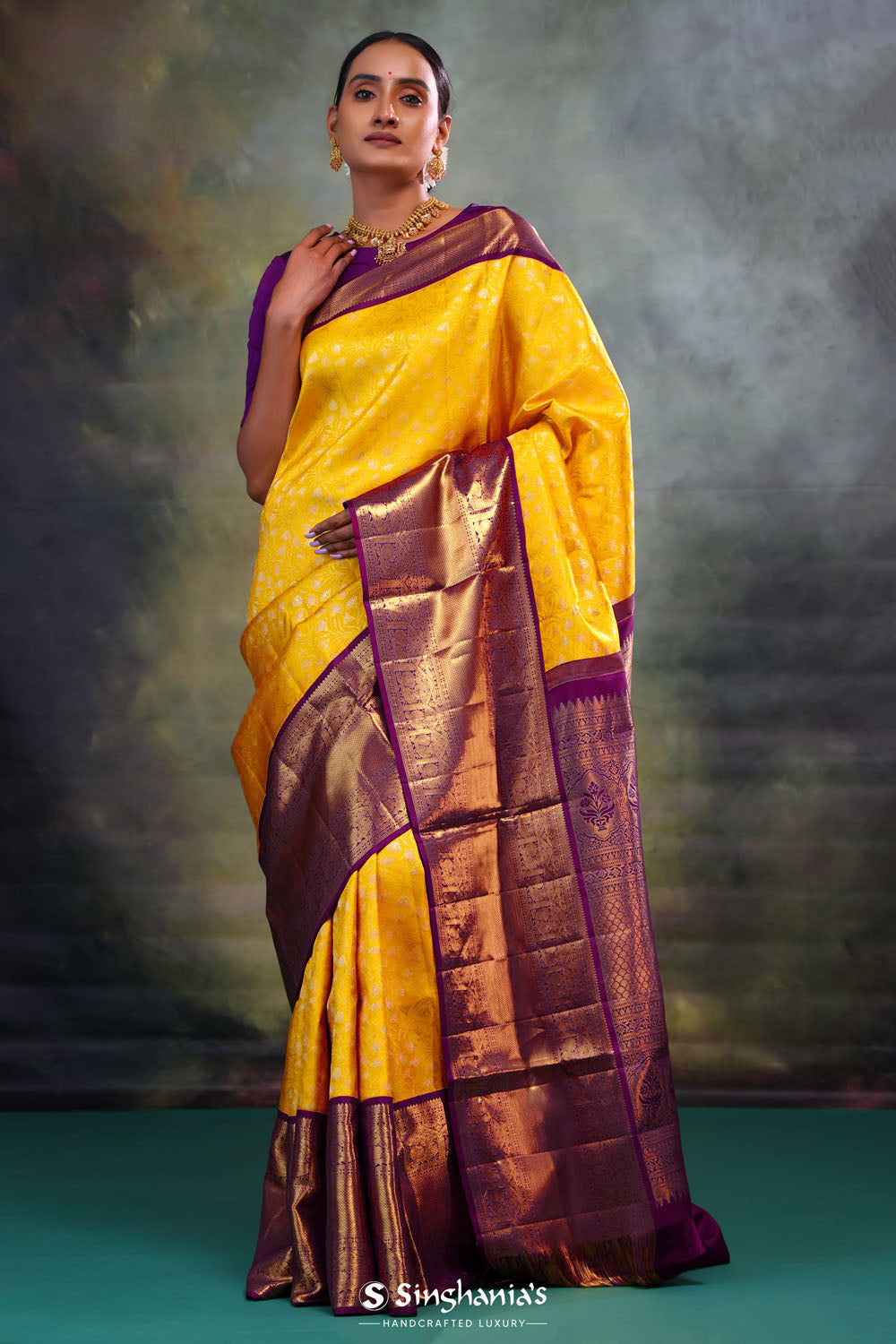 Yellow Gold Jaali Kanjivaram Silk Saree