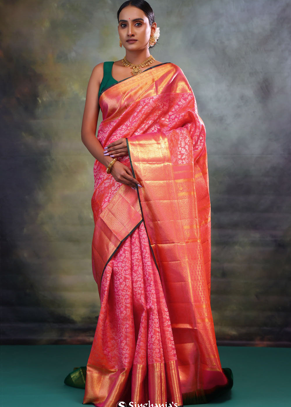 French Pink Flora Kanjivaram Silk Saree