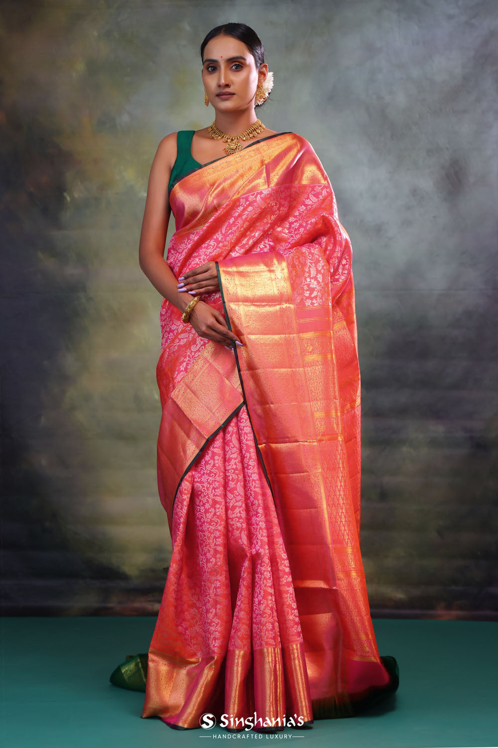 French Pink Flora Kanjivaram Silk Saree