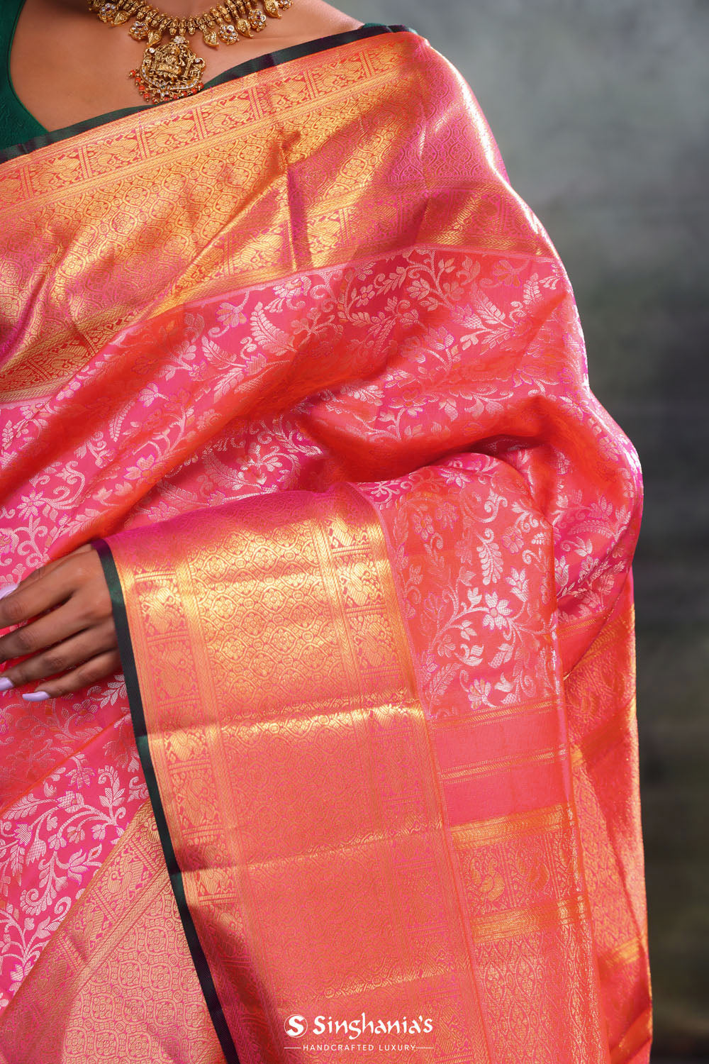 French Pink Flora Kanjivaram Silk Saree
