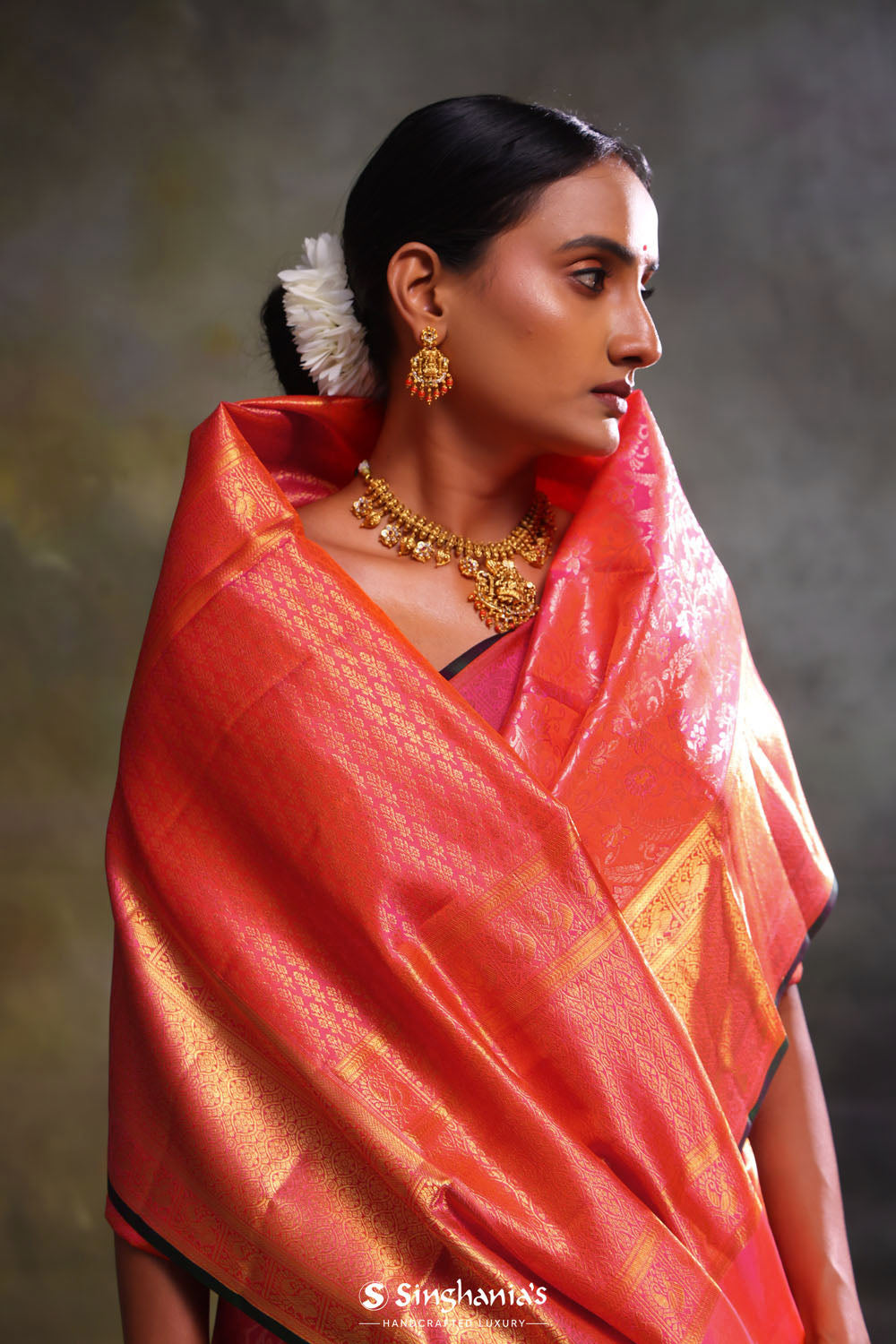 French Pink Flora Kanjivaram Silk Saree