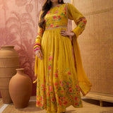 Mustard Yellow Floral Crepe Anarkali