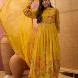 Mustard Yellow Floral Crepe Anarkali