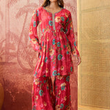 Coral Red Crepe Peplum Set
