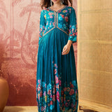 Peacock Blue Floral Crepe Set