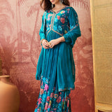Peacock Blue Floral Crepe Set