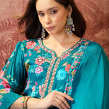 Peacock Blue Floral Crepe Set
