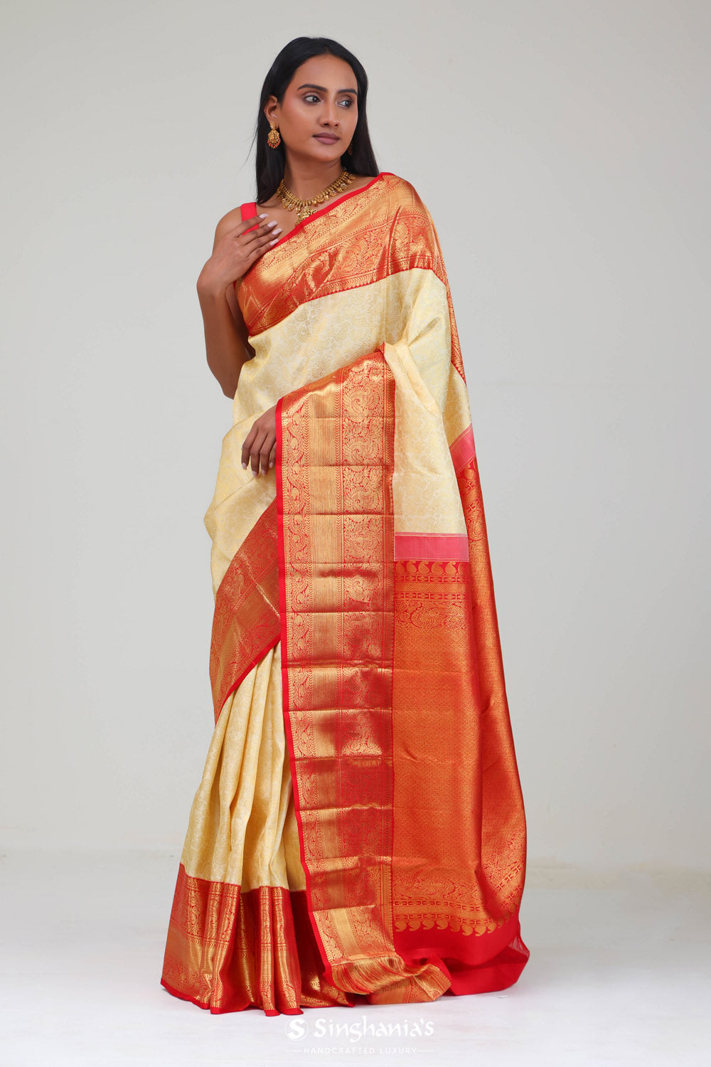 Cream White Kanjivaram Silk Jaal Saree