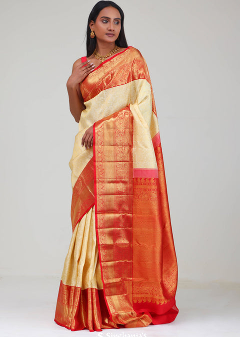 Cream White Kanjivaram Silk Jaal Saree
