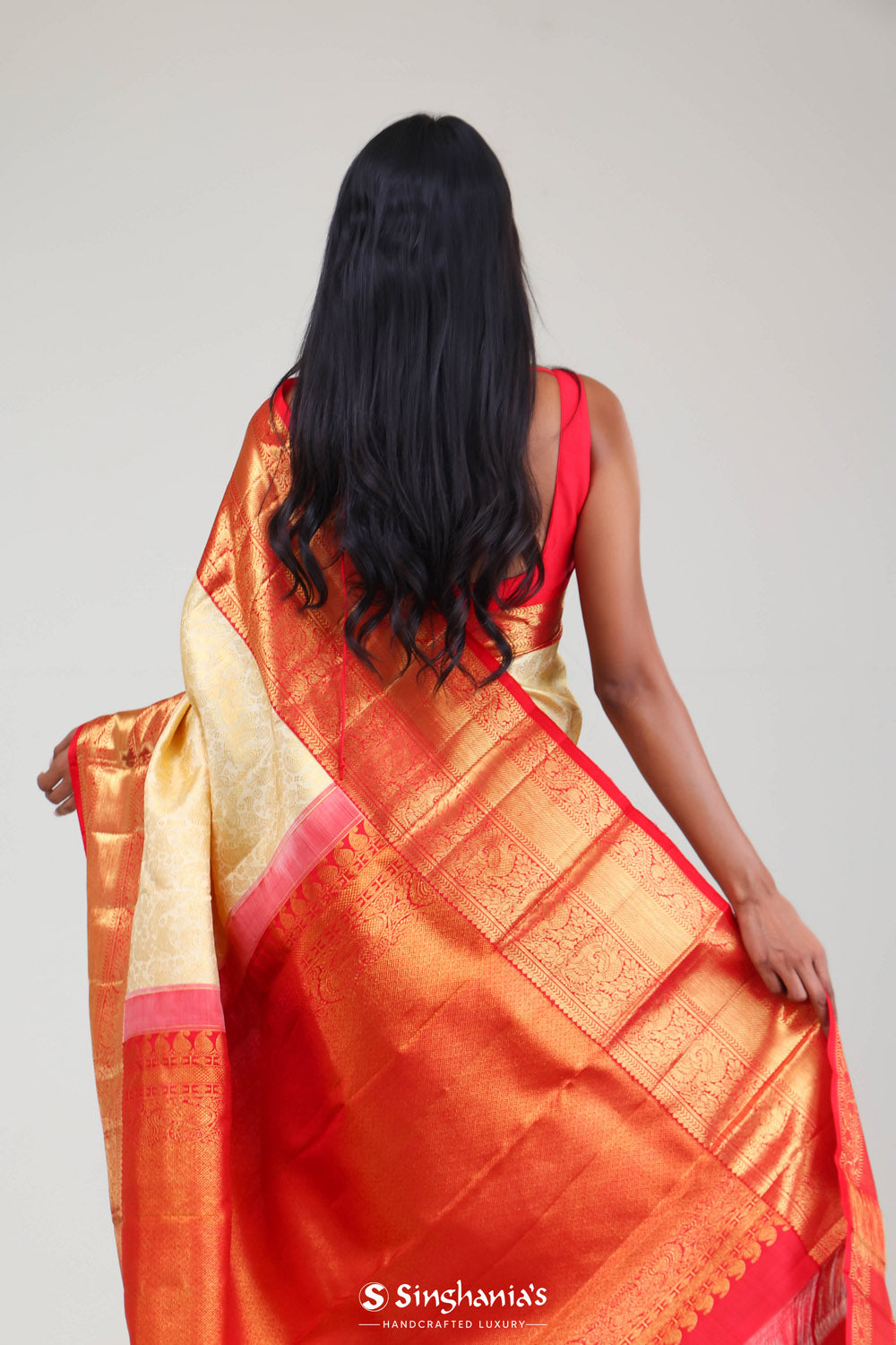 Cream White Kanjivaram Silk Jaal Saree