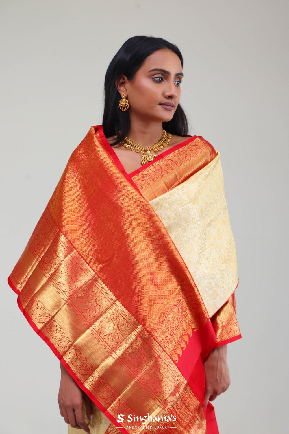 Cream White Kanjivaram Silk Jaal Saree