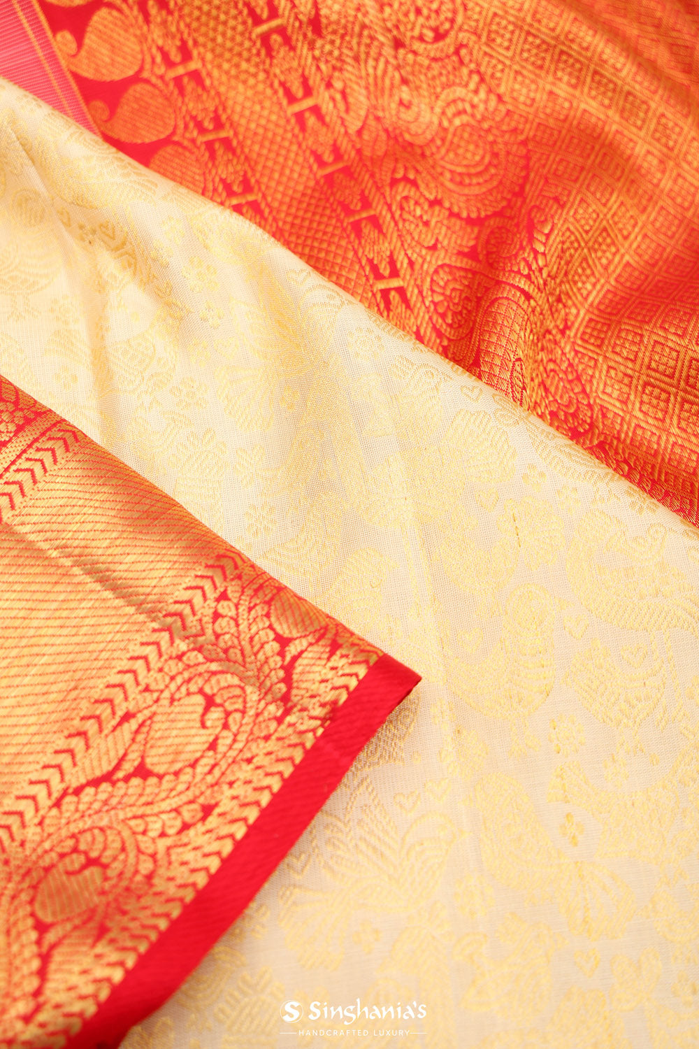 Cream White Kanjivaram Silk Jaal Saree