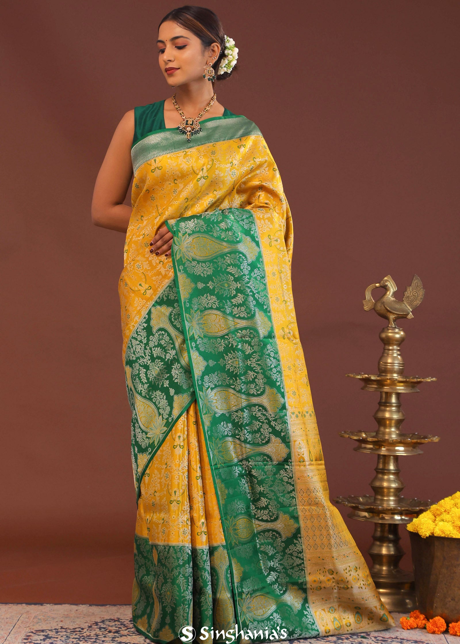 Yellow Kanjivaram Saree With Green Contrast Border