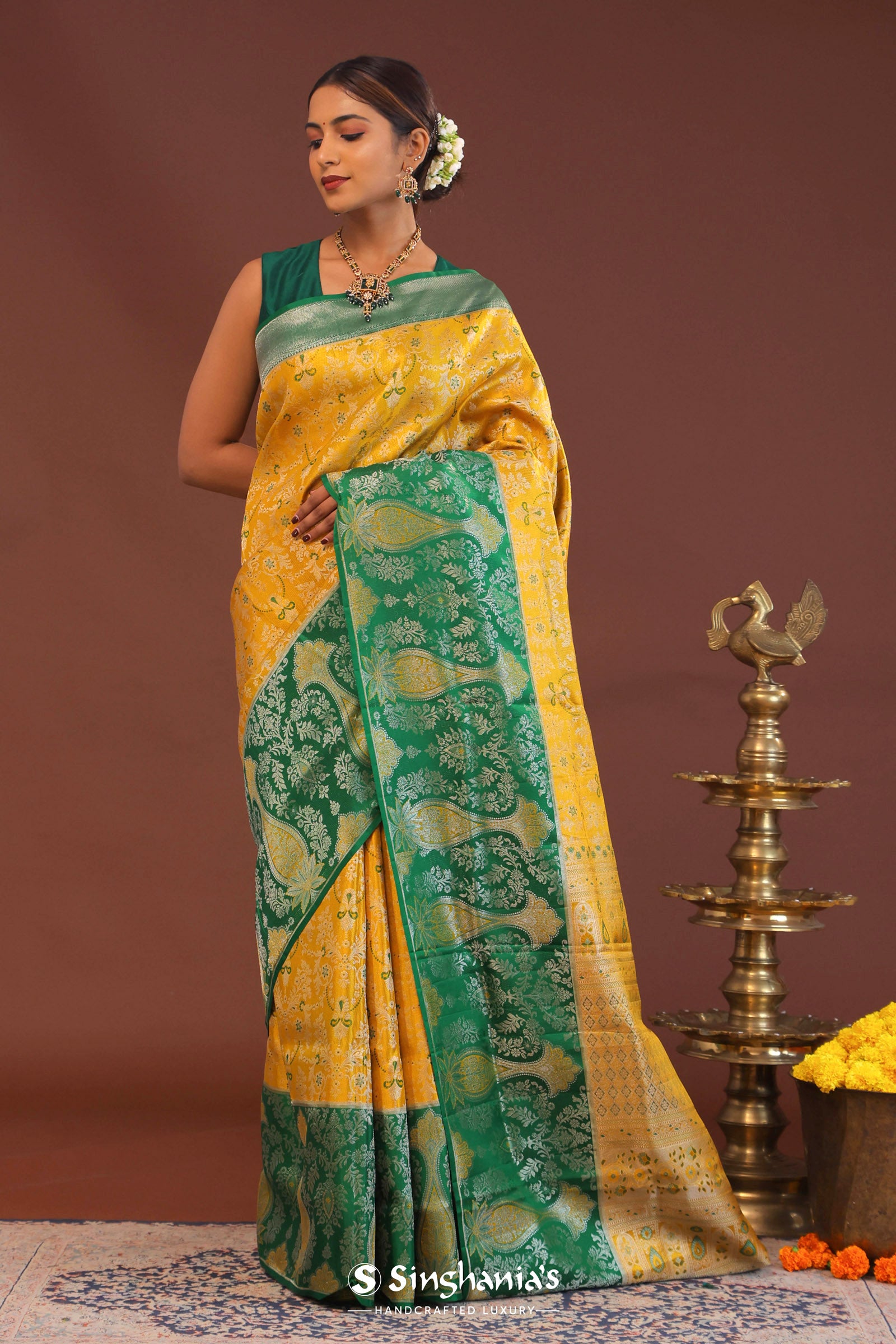 Yellow Kanjivaram Saree With Green Contrast Border