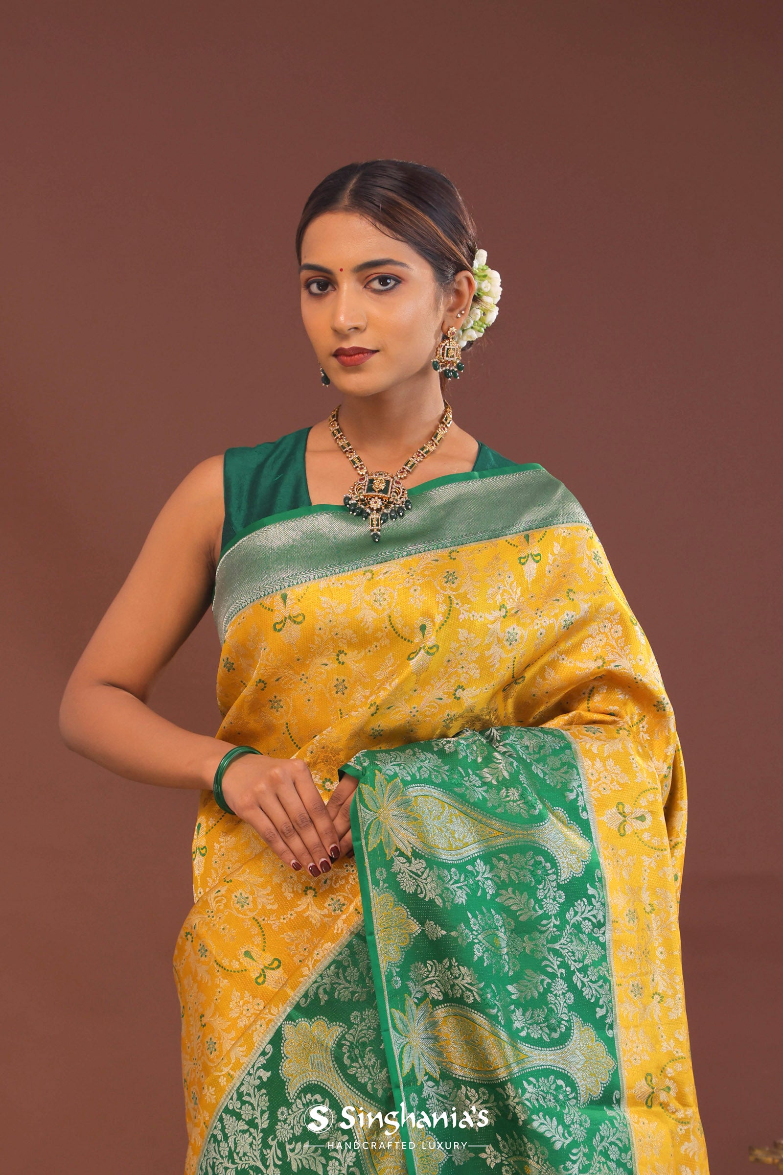 Yellow Kanjivaram Saree With Green Contrast Border