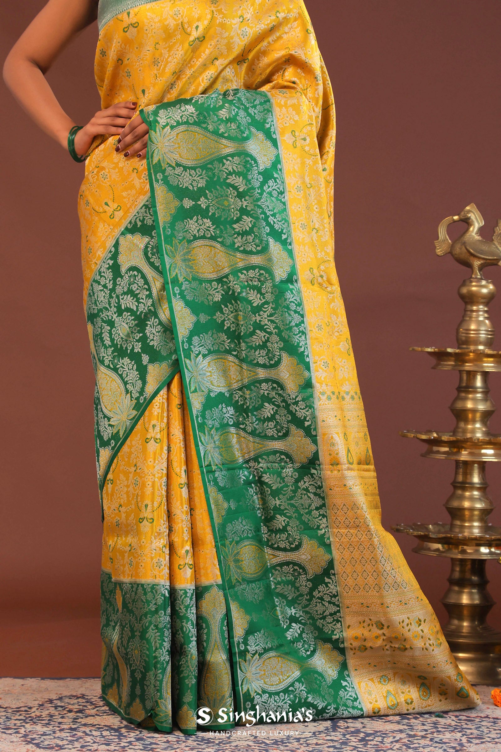 Yellow Kanjivaram Saree With Green Contrast Border