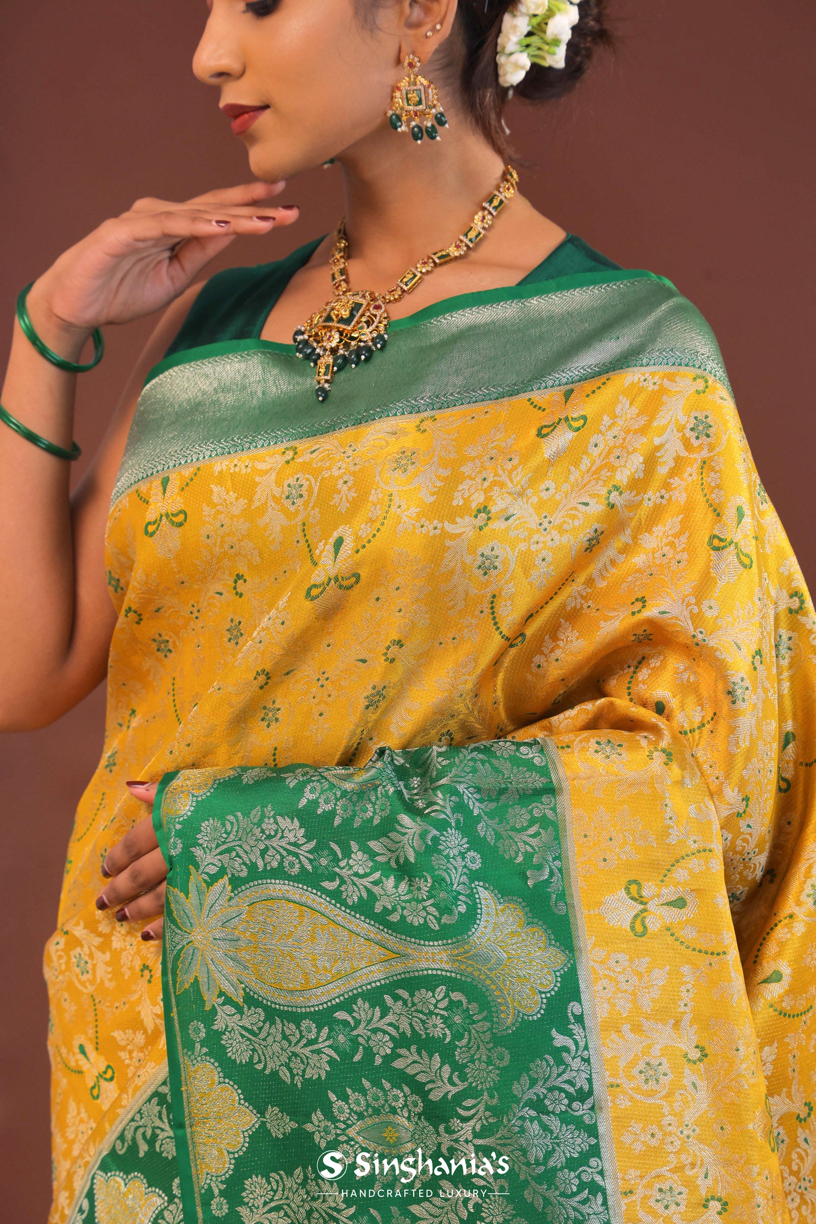 Yellow Kanjivaram Saree With Green Contrast Border