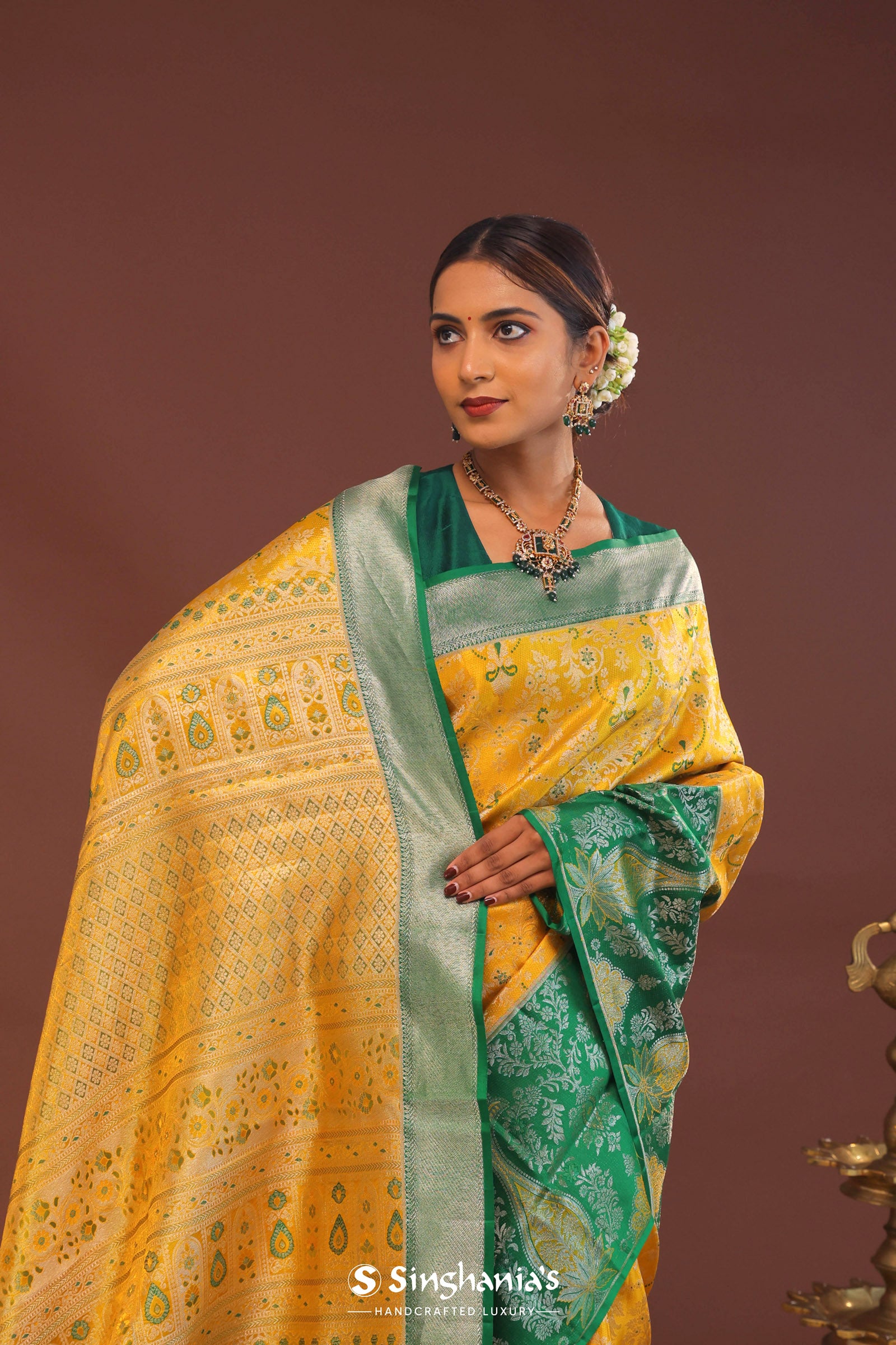 Yellow Kanjivaram Saree With Green Contrast Border
