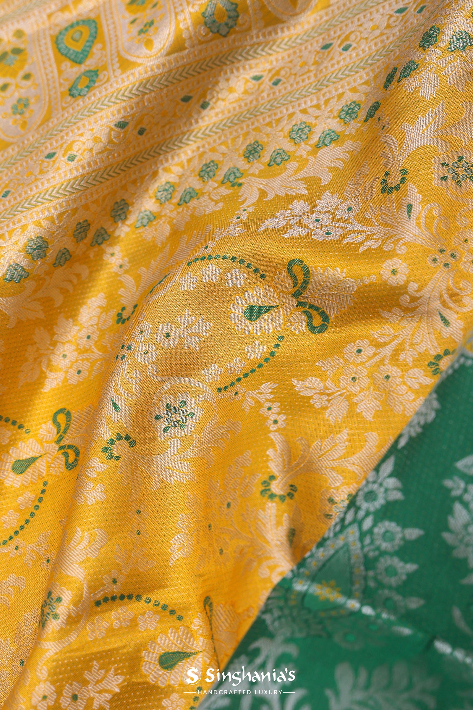 Yellow Kanjivaram Saree With Green Contrast Border
