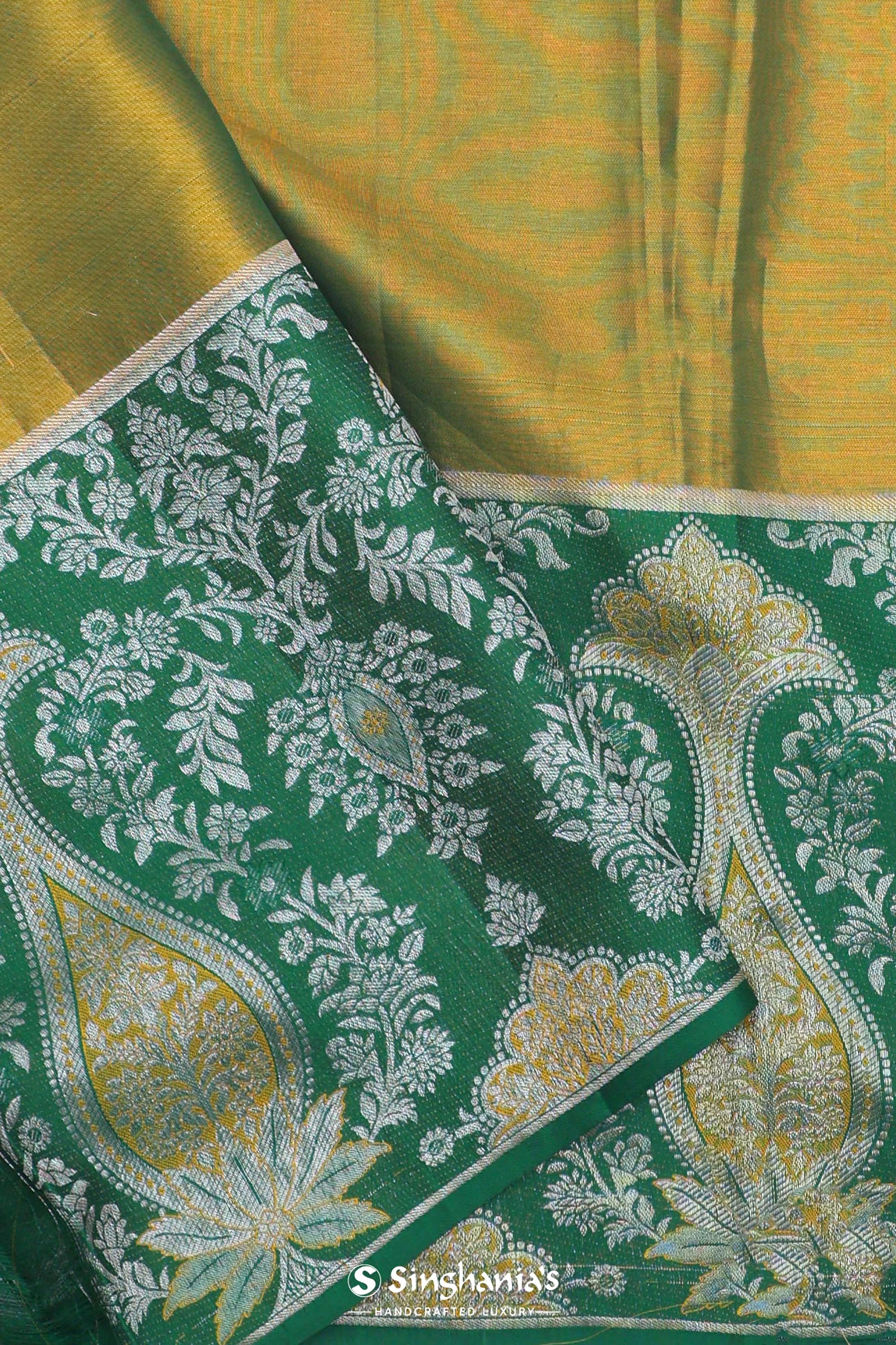 Yellow Kanjivaram Saree With Green Contrast Border