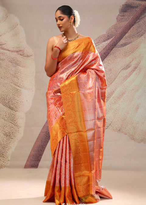 <img> Georgia Peach Heritage Kanjivaram Silk Saree